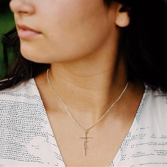 Faith Cross Necklace – Silver Stainless Steel Christian Pendant - Picture 2 of 4